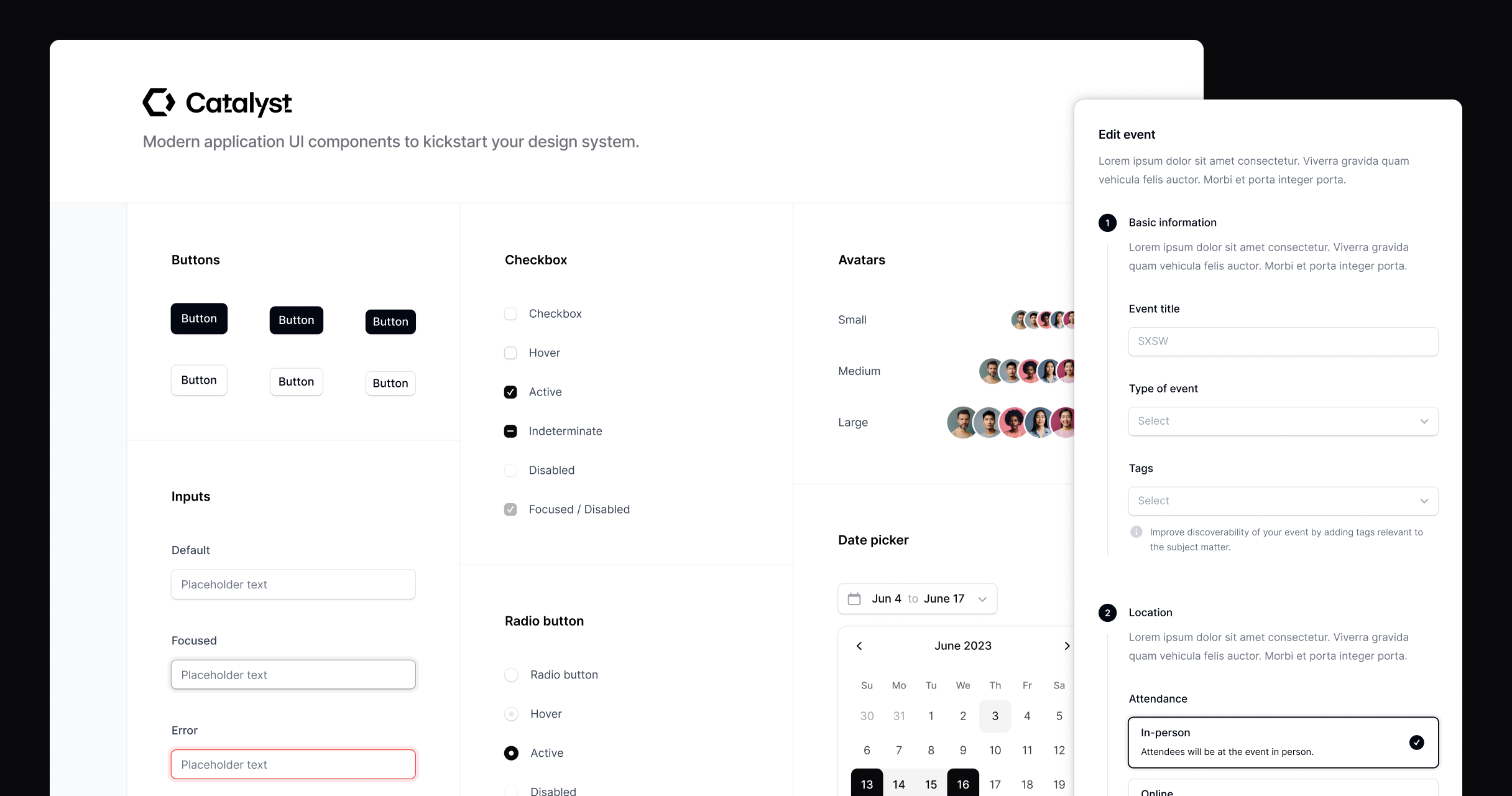Un collage de componentes incluidos en el kit de UI Catalyst.