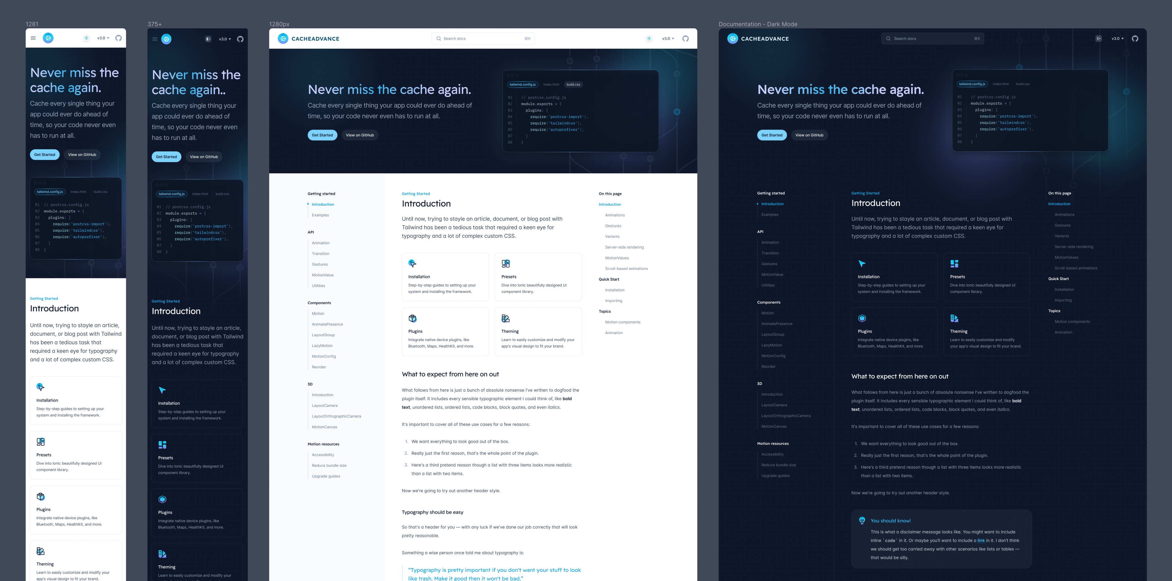 Mesas de trabajo para el diseño de un sitio de documentación que incluye diseños para dispositivos móviles y de escritorio, y esquemas de color claro y oscuro.