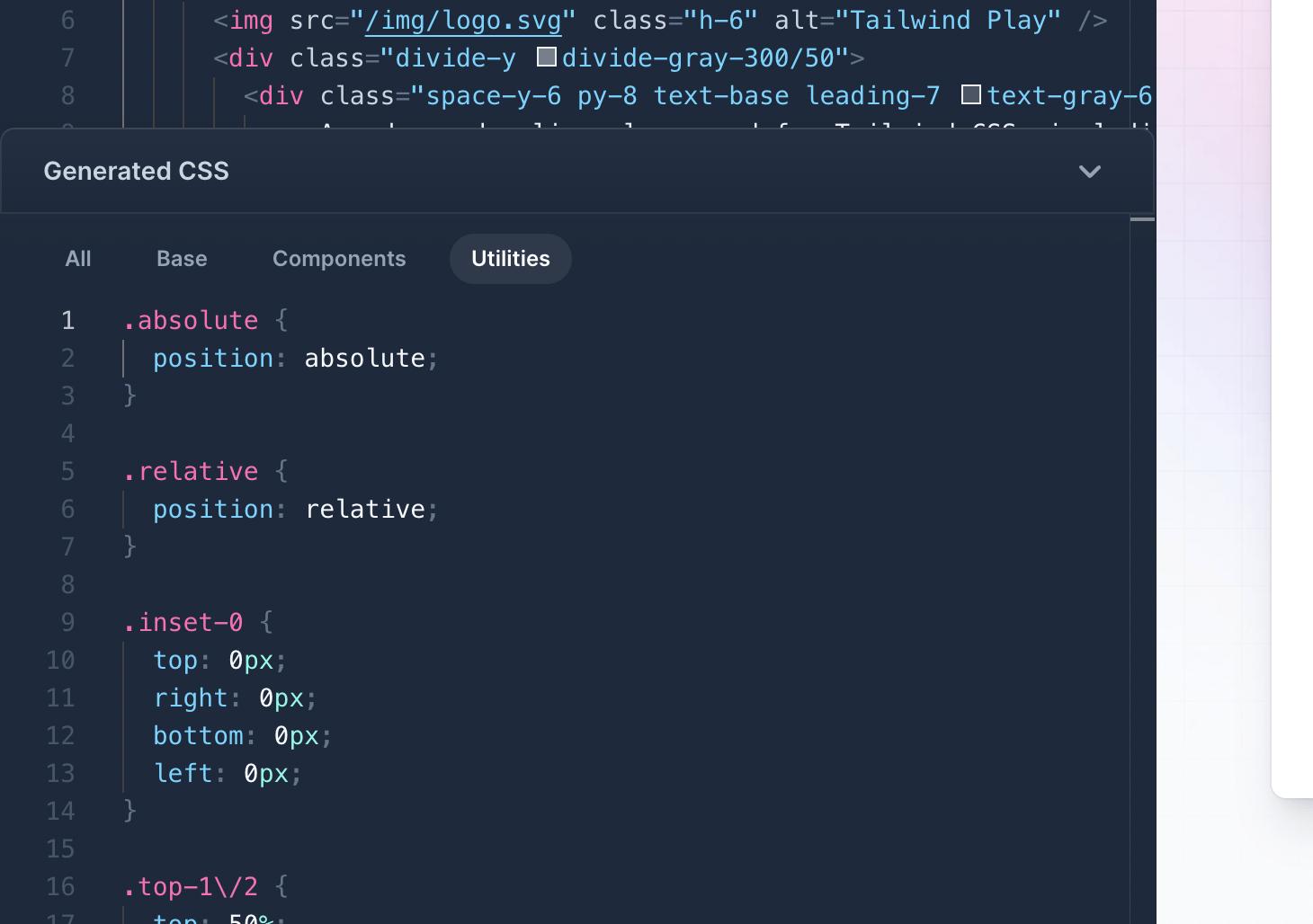 Interfaz de Tailwind Play con un panel que muestra el CSS generado para ese playground.